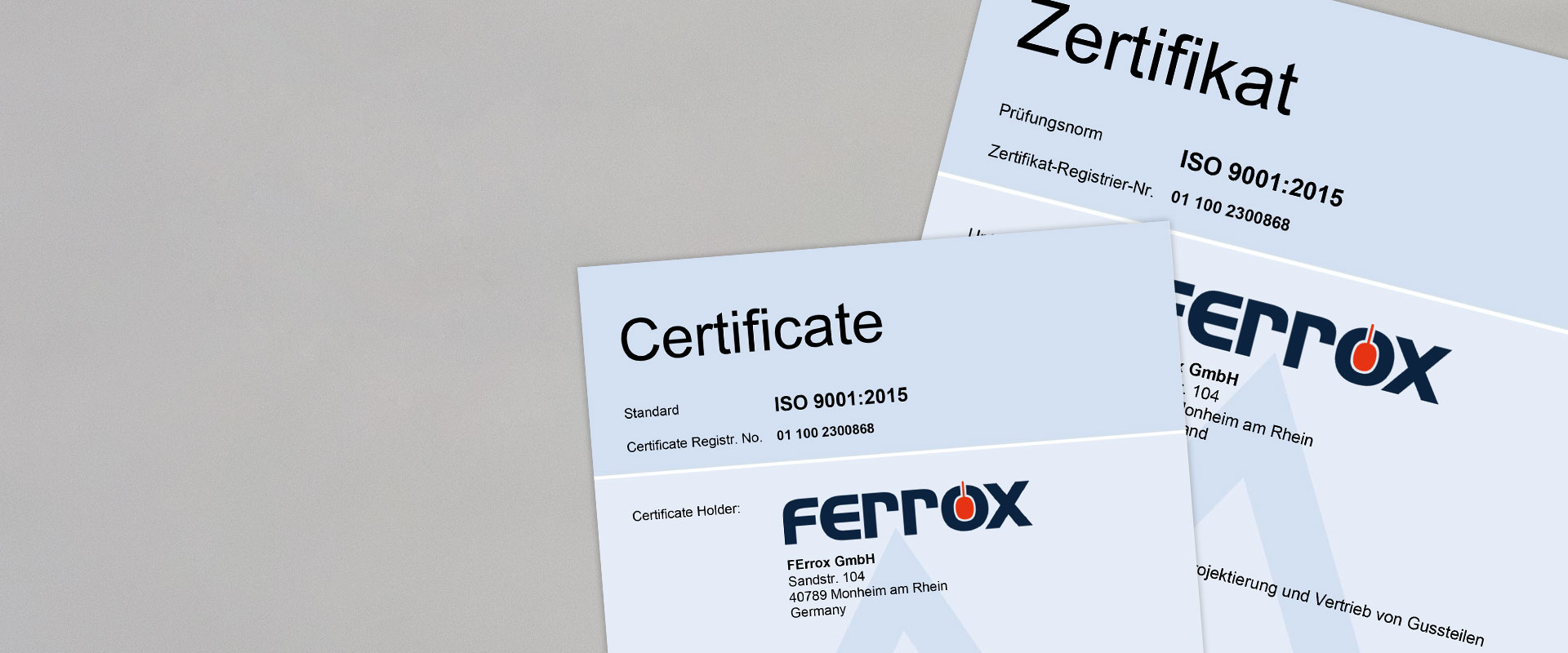 Abbildung der DIN ISO 9001:2015 Zertifikate.- FErrox GmbH